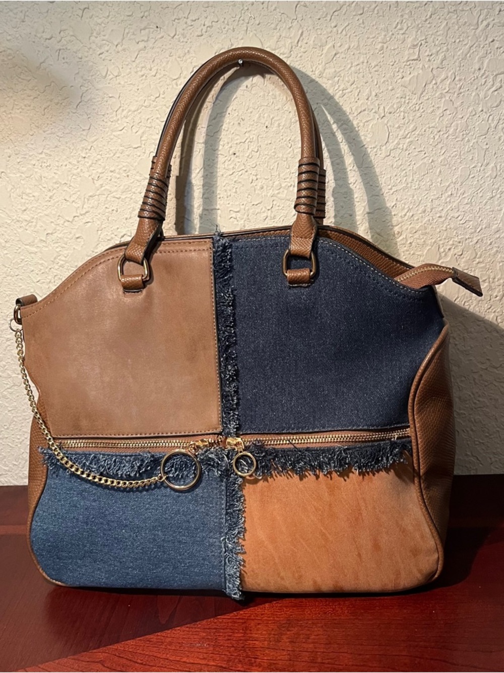 Cato Patchwork Denim and Tan Tote with Gold Chain Accents